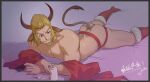  1boy arknights ass back bara beard blonde_hair bucephalus.tvt cow_boy cow_horns earrings eurill_pides_(arknights) facial_hair hoop_earrings horns jewelry jockstrap large_pectorals lying male_focus male_underwear mature_male muscular muscular_male on_stomach pectorals red_eyes red_male_underwear santa_costume seductive_smile short_hair sidelocks smile socks solo thick_eyebrows thick_thighs thighs toilet_paper topless_male underwear 