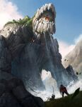  absurdres alen_rocha creature creature_and_personification cyclops destruction elemental_(creature) giant giant_monster giantess golem grass highres lake monster monsterification mountain one-eyed open_mouth original rock water 