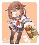  1girl aoba_(akibajun) black_legwear black_sailor_collar black_skirt brown_hair candy chocolate chocolate_bar dated fang food foreshortening hair_ornament hairclip highres ikazuchi_(kancolle) kantai_collection looking_at_viewer neckerchief one_eye_closed orange_background pleated_skirt red_neckerchief sailor_collar school_uniform serafuku short_hair skin_fang skirt solo standing star_(symbol) thighhighs twitter_username 
