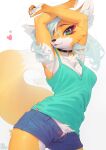  &lt;3 anthro arms_above_head aruurara bottomwear breasts canid canine chest_tuft choker cleavage clothed clothing crotch_tuft female fox fur green_eyes hair hi_res hotpants inner_ear_fluff invalid_tag jewelry liina_(aruurara) looking_at_viewer mammal multicolored_body necklace orange_body orange_fur pawpads shirt shorts side_boob simple_background solo tank_top topwear tuft two_tone_body white_background white_body white_fur white_hair 