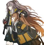  2girls arm_behind_back bangs black_jacket black_skirt brown_hair closed_mouth eyebrows_visible_through_hair feet_out_of_frame girls&#039;_frontline hair_between_eyes hair_ornament hairclip hand_on_own_head jacket long_hair looking_away marche_mk14 multiple_girls open_clothes open_jacket open_mouth scar scar_across_eye shirt side_ponytail skirt smile standing twintails ump45_(girls&#039;_frontline) ump9_(girls&#039;_frontline) white_background white_shirt 