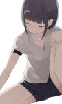  1girl black_eyes black_hair black_shorts closed_mouth collarbone highres hiroki_(yyqw7151) one_eye_closed original shirt short_hair short_sleeves shorts simple_background sitting solo thighs white_background white_shirt wince 