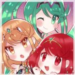  3girls bangs blonde_hair chibi earrings green_eyes green_hair highres jewelry kyosuke1413koba long_hair multiple_girls mythra_(xenoblade) pneuma_(xenoblade) ponytail pyra_(xenoblade) red_eyes red_hair short_hair swept_bangs tiara very_long_hair xenoblade_chronicles_(series) xenoblade_chronicles_2 yellow_eyes 