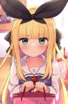  1girl :&lt; bag bangs baram black_bow black_ribbon blonde_hair blurry blurry_background blush bow closed_mouth collarbone commentary_request depth_of_field eyebrows_visible_through_hair green_eyes hair_bow hair_ribbon highres holding holding_bag indoors long_hair long_sleeves mononobe_alice nijisanji paper_bag ribbon shirt solo sweater_vest upper_body very_long_hair virtual_youtuber white_shirt 
