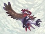  beak closed_mouth cloud commentary_request dated day flying from_below highres hisuian_decidueye looking_down mokuzou_(moku_ssbu) no_humans outdoors pokemon pokemon_(creature) red_pupils sky solo talons yellow_eyes 