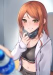  1girl absurdres black_sports_bra blush bottle brown_eyes brown_hair commentary_request eyebrows_visible_through_hair grey_jacket grin highres hojo_karen holding holding_bottle idolmaster idolmaster_cinderella_girls indoors jacket kozeni_isari long_hair long_sleeves looking_at_viewer midriff navel open_clothes open_jacket smile solo_focus sports_bra sweat teeth 