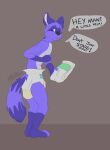  absurd_res anthro boblios bodily_fluids diaper english_text fur genital_fluids hi_res holding_diaper hybrid male plantigrade purple_body purple_eyes purple_fur simple_background solo speech_bubble standing tail_down teeth_visible text touching_diaper urine wet_diaper wetting 