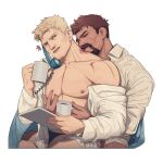  2boys bara beard black_male_underwear blonde_hair briefs brown_hair closed_eyes collared_shirt cup facial_hair grabbing grabbing_from_behind highres holding holding_cup kiss kissing_neck large_pectorals looking_at_another male_focus male_underwear multiple_boys muscular muscular_male nez nipples open_clothes open_shirt overwatch pectoral_grab pectorals phone reaper_(overwatch) shirt short_hair soldier:_76_(overwatch) talking_on_phone underwear white_shirt yaoi 