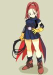  1girl absurdres barbara_(dq6) belt breasts cape closed_mouth dragon_quest dragon_quest_vi earrings elbow_gloves full_body gloves hand_on_hip high_ponytail highres holding holding_whip jewelry long_hair looking_to_the_side ponytail red_hair rokoido12 solo standing whip yellow_gloves 