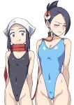  2girls :q akari_(pokemon) bare_arms black_hair black_leotard blue_leotard blush blush_stickers breasts cleavage closed_eyes closed_mouth collar collarbone commentary_request covered_navel eyelashes grey_eyes hai_(h81908190) haigure_pose hair_ornament head_scarf highleg leash leotard mai_(pokemon) mole mole_under_mouth multiple_girls pokemon pokemon_(game) pokemon_legends:_arceus red_scarf scarf smile split_mouth sweatdrop tongue tongue_out white_headwear 