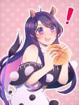  ! 1girl animal_ears bangs blue_hair blush bread breasts capelet doremy_sweet dress eating food holding holding_food long_hair medium_breasts no_hat no_headwear pink_background polka_dot polka_dot_background pom_pom_(clothes) purple_eyes sakikagami sidelocks solo spoken_exclamation_mark strapless strapless_dress sweat sweatdrop swept_bangs tail tapir_ears tapir_girl tapir_tail tareme teeth touhou 