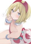  1girl :o bare_shoulders blonde_hair blue_eyes blush bracelet breasts cleavage collarbone commentary_request highres irida_(pokemon) jewelry looking_at_viewer pokemon pokemon_(game) pokemon_legends:_arceus shin_no_tenpii short_hair simple_background sitting small_breasts solo speech_bubble white_background 