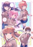 ... 1boy 4girls :o aicedrop anger_vein bangs blue_eyes blue_skirt blush bow brown_hair brown_vest commentary_request copyright_name crossed_arms doki_doki_literature_club eyebrows_visible_through_hair faceless faceless_male green_eyes hair_between_eyes hair_bow hair_ornament hair_ribbon hairclip jacket long_hair long_sleeves monika_(doki_doki_literature_club) multiple_girls natsuki_(doki_doki_literature_club) open_clothes open_jacket open_mouth outline pink_eyes pink_hair pleated_skirt ponytail protagonist_(doki_doki_literature_club) purple_eyes purple_hair red_bow red_ribbon ribbon sayori_(doki_doki_literature_club) school_uniform shaded_face short_hair skirt spoken_anger_vein spoken_ellipsis swept_bangs two_side_up vest white_outline white_ribbon yuri_(doki_doki_literature_club) 