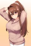  1girl absurdres arms_behind_head arms_up arugou breasts brown_hair brown_sweater hair_intakes high_ponytail highres kantai_collection large_breasts long_hair long_sleeves official_alternate_costume pants purple_eyes sidelocks smile solo sweater very_long_hair white_pants yamato_(kancolle) 
