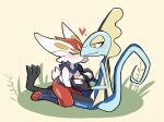  &lt;3 ambiguous/ambiguous ambiguous_gender anthro blue_body blush cinderace duo fur hand_holding inteleon kissing lagomorph leporid lizard long_tail love mammal mutk815 nintendo pok&eacute;mon pok&eacute;mon_(species) reptile scalie sitting video_games white_body white_fur 