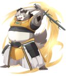  2022 anthro asian_clothing belly canid canine canis clothing east_asian_clothing grey_body hi_res humanoid_hands japanese_clothing kemono male mammal navel overweight overweight_male solo take_tsugu_roh tamacolle weapon wolf yamato_(tamacolle) 