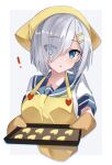  ! 1girl absurdres apron bad_anatomy bad_perspective blue_eyes blue_sailor_collar border cropped_torso eyebrows_visible_through_hair fathom hair_ornament hair_over_one_eye hairclip hamakaze_(kancolle) highres holding kantai_collection open_mouth oven_mitts sailor_collar school_uniform serafuku short_hair silver_hair solo upper_body white_border yellow_apron 