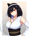 1girl absurdres arugou black_hair breasts detached_sleeves floral_print fusou_(kancolle) hair_ornament headband highres japanese_clothes kantai_collection large_breasts nontraditional_miko obi red_eyes sash solo upper_body white_headband white_sleeves wide_sleeves yamashiro_(kancolle) yamashiro_kai_ni_(kancolle) 