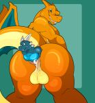  anal anal_vore anthro balls big_butt blush butt charizard dragon duo genitals green_background grin grosspotoo horn looking_down looking_up male male/male nintendo non-mammal_balls orange_body pok&eacute;mon pok&eacute;mon_(species) simple_background size_difference smile spikes video_games vore wings 