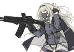  1girl an-94 an-94_(girls&#039;_frontline) aqua_eyes arm_up assault_rifle bangs black_cloak black_gloves blonde_hair cloak eyebrows_visible_through_hair feet_out_of_frame girls&#039;_frontline gloves gun hairband holding holding_gun holding_weapon long_hair looking_away marche_mk14 mask masked rifle shorts solo standing tactical_clothes weapon white_background white_shorts 