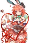  1girl animal_ears apron aqua_bow aqua_hair bird bow bowl bowtie breasts chocolate cowboy_shot cropped_legs cupcake detached_sleeves earrings eyebrows eyebrows_visible_through_hair fake_animal_ears food heart heart_earrings heart_ribbon highres hololive hololive_english jewelry large_breasts licking_lips long_hair maid_headdress multicolored_hair orange_hair phoenix phoenix_girl rabbit_ears suna_hika takanashi_kiara tongue tongue_out valentine virtual_youtuber white_background 