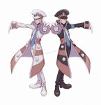  2boys black_coat black_footwear black_headwear black_pants blue_necktie closed_mouth coat commentary_request emmet_(pokemon) gloves grey_eyes grey_hair hat ingo_(pokemon) long_sleeves male_focus multiple_boys necktie nekohai_darake open_clothes open_coat pants pointing pokemon pokemon_(game) pokemon_bw shirt shoes short_hair sideburns smile split_mouth striped_coat white_coat white_footwear white_gloves white_headwear white_pants white_shirt 