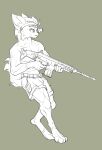  anthro bottomwear clothing felid feline futuretankcrc gun looking_aside lynx male mammal muscular ranged_weapon rifle scar shorts simple_background solo weapon 