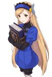  1girl bangs black_gloves black_hairband black_shorts blonde_hair blue_dress blue_hairband book dress elbow_gloves eyebrows_visible_through_hair gloves hairband holding holding_book lavenza_(persona_5) light_blush long_hair looking_at_viewer miyazakit multicolored_hairband parted_lips persona persona_5 shiny shiny_hair short_dress shorts shorts_under_dress simple_background solo standing swept_bangs white_background yellow_eyes 