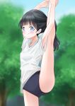  akebi-chan_no_serafuku akebi_komichi armpits arms_up ass black_hair blue_buruma blue_eyes blush buruma flexible gym_uniform highres kneepits leg_hold leg_lift leg_up legs long_hair outdoors ponytail retumihari shirt short_sleeves smile split standing standing_on_one_leg standing_split thighs tree white_shirt 