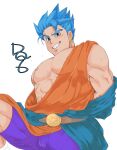  1boy abs bara bare_pectorals blue_eyes blue_hair bulge chabashira_tatsukichi character_request check_copyright copyright_request dragon_quest earrings feet_out_of_frame from_below highres jewelry large_pectorals male_focus muscular muscular_male nipples pectorals purple_shorts seductive_smile short_hair shorts smile smirk solo spiked_hair sweat thick_eyebrows undressing 