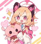  animal_ears blonde_hair blue_archive bow byako_(srktn) cat_ears chocolate doll fake_animal_ears halo heart highres momoi_(blue_archive) open_mouth pink_eyes simple_background smile valentine 