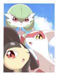  :o absurdres border cloud commentary_request day from_below gardevoir green_hair highres latias looking_at_viewer mawile one_eye_closed open_mouth outdoors pokemon pokemon_(creature) red_eyes shabana_may sky smile white_border yellow_eyes 