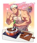  2boys abs apron bara blonde_hair blue_eyes chocolate closed_mouth cooking facial_hair food food_on_clothes halo happy_valentine jockstrap large_pectorals lenga_valentine lvlv male_focus male_underwear multiple_boys muscular muscular_male nipples one_eye_closed paradiso_guardian pectorals peeking_out radian_(paradiso_guardian) see-through short_hair sideburns smile stubble underwear 