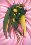  anakonda1331 anthro bed_sheet bedding dragon female green_body green_skin hair hi_res inuxi ishira pink_background scalie shy simple_background solo tired tousled wings yellow_body yellow_eyes 