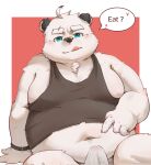  2022 anthro belly blue_eyes blush bodily_fluids bulge clothed clothing erection erection_under_clothing genital_fluids hi_res kemono male mammal moobs morian_xs navel nipples overweight overweight_male precum shirt sitting solo text tongue tongue_out topwear ursid 