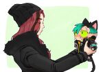  1boy 1girl animal_ears apex_legends bangs beanie black_eyes black_hair black_headwear black_jacket blue_eyes border brother_and_sister cat_boy cat_ears cat_tail chibi colored_sclera crying crying_with_eyes_open crypto_(apex_legends) fur_trim green_background green_sclera hat highres jacket lifting_person mila_alexander multicolored_hair pink_hair rr_mui siblings streaked_hair tail tears white_border 