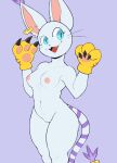  absurd_res anthro bandai_namco breasts digimon digimon_(species) ear_piercing ear_ring female fur gatomon genitals hi_res open_mouth open_smile piercing purple_background pussy simple_background smile solo virito white_body white_fur 