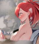  1girl bathing blush breasts cleavage closed_mouth completely_nude day embarrassed flannery_(pokemon) from_side frown highres huge_breasts knees_up large_breasts long_hair mattyazuki nose_blush nude onsen outdoors pokemon pokemon_(game) pokemon_rse ponytail profile red_eyes red_hair sitting solo water wavy_mouth 