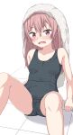  1girl absurdres bangs bare_arms bare_shoulders black_swimsuit blush breasts collarbone commentary_request eyebrows_visible_through_hair feet_out_of_frame hair_between_eyes highres hippo_(hirople) inui_sajuna knees_up long_hair looking_at_viewer old_school_swimsuit one-piece_swimsuit open_mouth pink_hair purple_eyes school_swimsuit small_breasts solo sono_bisque_doll_wa_koi_wo_suru swimsuit towel towel_on_head wavy_mouth white_background 