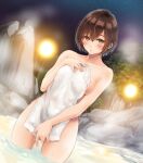  1girl bangs between_legs blush bob_cut breasts brown_eyes brown_hair collarbone covering covering_crotch dutch_angle english_commentary hair_between_eyes hand_between_legs hand_up highres holding holding_towel lights looking_at_viewer night nude_cover onsen original outdoors parted_bangs parted_lips rock shiratama-11 short_hair solo standing steam towel wading water wet 