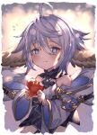  1girl ahoge animal_ears ayacho blue_eyes candy eating flower-shaped_pupils food granblue_fantasy harvin heart highres looking_at_viewer short_hair solo symbol-shaped_pupils wamdus_(granblue_fantasy) white_hair 