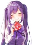  1girl ^_^ bangs blush closed_eyes commentary_request eyebrows_visible_through_hair facing_another gochuumon_wa_usagi_desu_ka? grin highres long_hair long_sleeves mozukun43 purple_hair purple_vest rabbit_house_uniform shirt smile solo tedeza_rize twintails upper_body vest white_shirt 