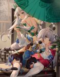  2girls animal_ears back bangs bare_shoulders blue_eyes bronya_zaychik china_dress chinese_clothes closed_mouth couch dress fireworks gauntlets ginklaga grey_eyes grey_hair hand_on_own_cheek hand_on_own_face highres holding holding_umbrella honkai_(series) honkai_impact_3rd long_hair looking_at_viewer looking_back multiple_girls night night_sky oil-paper_umbrella sitting sky sleeveless sleeveless_dress smile tail theresa_apocalypse thighhighs tiger_ears tiger_tail umbrella white_hair white_legwear window 