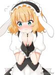  1girl animal_ears apron bangs black_hairband black_skirt blonde_hair blush closed_mouth commentary_request eyebrows_visible_through_hair fake_animal_ears fleur_de_lapin_uniform flying_sweatdrops frilled_apron frilled_hairband frills gochuumon_wa_usagi_desu_ka? green_eyes hairband hands_up kirima_sharo looking_away looking_to_the_side mitya nose_blush puffy_short_sleeves puffy_sleeves rabbit_ears shirt short_sleeves simple_background skirt solo twitter_username uniform waist_apron waitress wavy_mouth white_apron white_background white_shirt wrist_cuffs 