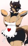  &lt;3 2022 anthro apron apron_only areola areola_slip arm_tuft big_breasts black_body black_fur black_hair black_nose black_spots breasts brown_body brown_fur chest_tuft claws cleavage clothed clothing curvy_figure dessert dreaj1 elbow_tufts fangs female finger_claws fingers food fur green_eyes hair hi_res hip_tuft holding_food holding_object holding_pie holidays hyaenid looking_at_viewer mammal monica_corduroy mostly_nude multicolored_body multicolored_fur multicolored_tail neck_tuft nimzy nipple_outline nipple_slip nipples open_mouth open_smile pie ruff simple_background smile solo spots spotted_body spotted_fur spotted_hyena standing teeth tongue tuft two_tone_body two_tone_fur valentine&#039;s_day white_background wide_hips yellow_sclera 