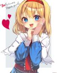  1girl alice_margatroid bangs belt blonde_hair blue_dress blue_eyes blush border buttons capelet commentary_request dress english_text eyebrows_visible_through_hair eyes_visible_through_hair fang fangs grey_background hair_between_eyes hairband hand_on_own_face hands_up highres long_sleeves looking_to_the_side necktie open_mouth outside_border puffy_long_sleeves puffy_sleeves red_belt red_hairband red_heart red_necktie short_hair simple_background smile solo teeth tongue touhou twitter_username white_border yuineko 