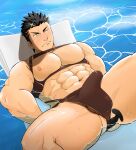  1boy abs anal anal_object_insertion bara bare_pectorals black_hair blush brown_male_swimwear chest_harness dildo dildo_riding enpei09 facial_hair feet_out_of_frame halo harness highres large_pectorals lying male_focus male_swimwear mature_male muscular muscular_male navel nipples object_insertion official_alternate_costume on_back partially_submerged pectorals sex_toy short_hair sideburns solo spread_legs stomach stubble swim_briefs thick_thighs thighs tokyo_afterschool_summoners water zabaniya_(housamo) 