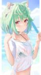  1girl :/ absurdres adjusting_clothes animal_ear_fluff animal_ears bangs bikini black_ribbon blue_sky blurry blurry_background breasts cat_ears closed_mouth cloud cloudy_sky collarbone commentary day derby_(dabidabi) ear_ribbon eyebrows_visible_through_hair food ghost_earrings green_bikini green_hair hand_up highres holding holding_food hololive looking_at_viewer medium_hair ocean off_shoulder orange_eyes outdoors popsicle ribbon see-through shiny shiny_hair shirt short_sleeves sidelocks sideways_glance single_bare_shoulder sky small_breasts solo string_bikini sunlight swimsuit tied_shirt uruha_rushia virtual_youtuber wet wet_clothes wet_shirt white_shirt 