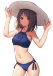  1girl 22/7 adjusting_clothes adjusting_headwear bangs bikini blue_bikini brown_eyes brown_hair closed_mouth cowboy_shot hat hiiragi_tsubomi lace-up looking_at_viewer medium_hair nagareboshi navel side-tie_bikini simple_background smile solo standing sun_hat swept_bangs swimsuit white_background white_headwear 