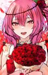  1girl absurdres black_bow blush bouquet bow clothing_cutout eyebrows_visible_through_hair flower head_tilt highres holding holding_bouquet jacket looking_at_viewer naokomama nijisanji nijisanji_en pink_hair plant portrait red_eyes red_flower red_jacket red_rose rose rosemi_lovelock short_sidetail shoulder_cutout smile solo thorns vines virtual_youtuber white_flower white_rose 